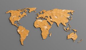 World map made of recycled cardboard paper.