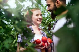 Young couple farming vegetables